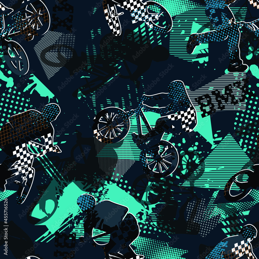 Abstract seamless grunge pattern for guys. Urban style background with boy on bicycle BMX. Sport extreme style creative wallpaper
