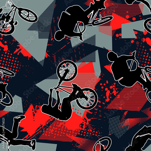 Abstract seamless grunge pattern for guys. Urban style background with boy on bicycle BMX. Sport extreme style creative wallpaper
