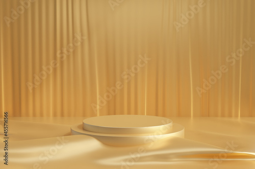 Cosmetic display product stand, Step gold podium with curtain and cloth gold floor on dark background. 3D rendering illustration photo