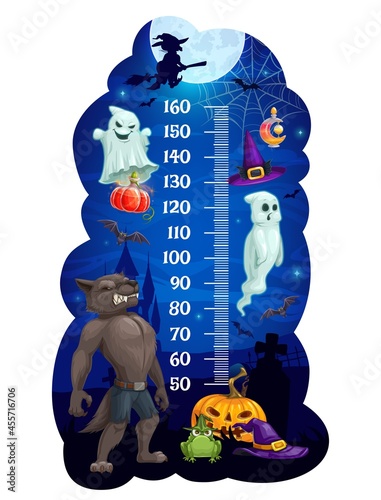 Kids height chart with Halloween monsters, vector growth measure meter and children stadiometer with ruler scale. Cartoon Halloween pumpkins, ghosts, bats and witch, horror haunted house and cemetery