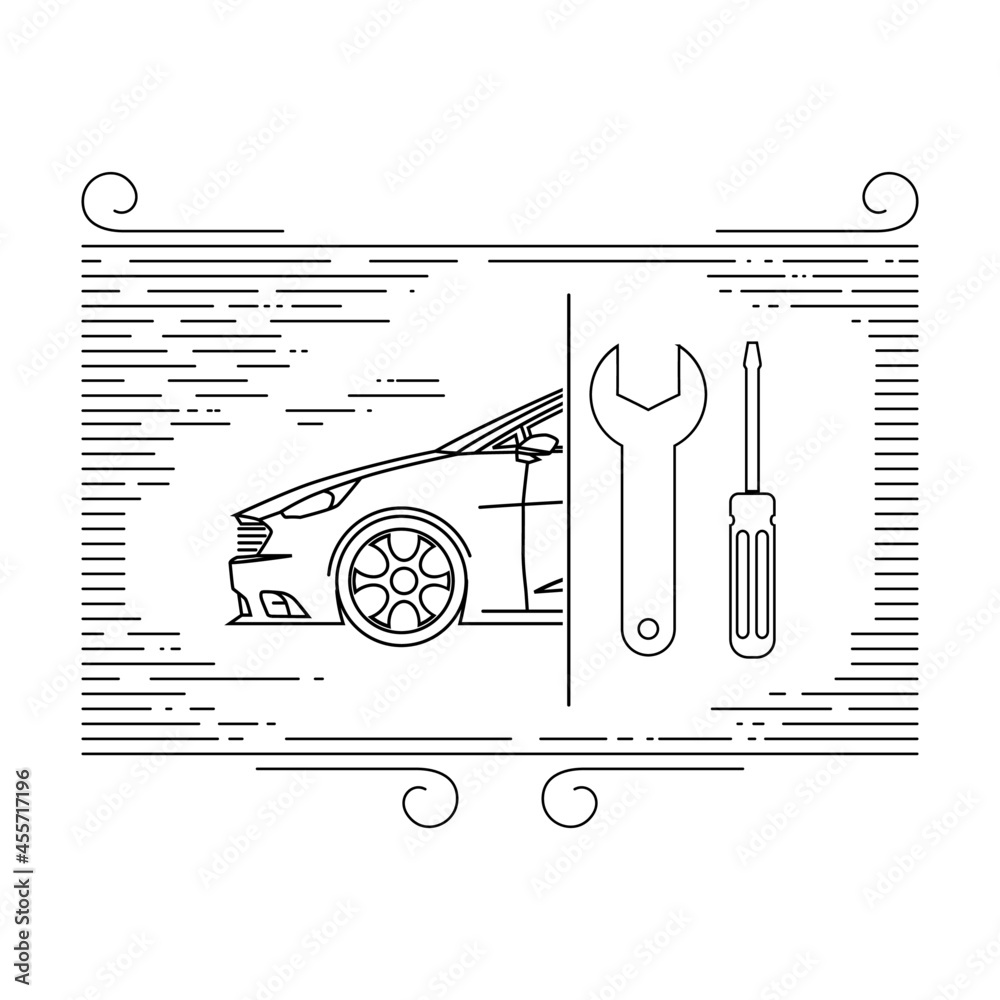 Thin line art automobile service illustration. White Background.