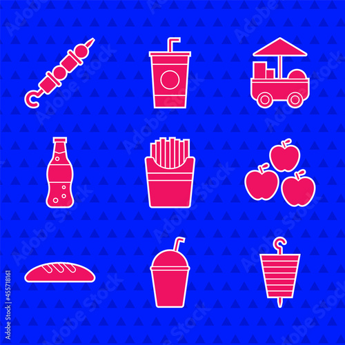 Set Potatoes french fries in box, Milkshake, Grilled shish kebab, Apple, Bread loaf, Bottle of water, Fast street food cart and icon. Vector