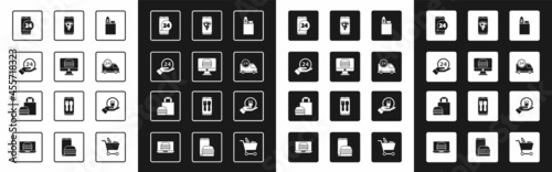 Set Shopping bag and food, Online ordering delivery, Clock 24 hours, Food, Fast by car, pizza, and burger icon. Vector