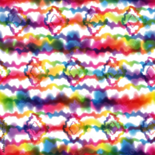 Hippie Tie Dye Rainbow LGBT Wave Seamless Pattern in Abstract Background Style. Colorful Shibori Psychedelic Texture with Waves and Stripes, Rhombus Shape