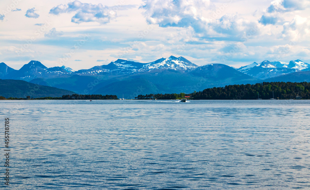 Magnificent water landscape with majestic mountains in the background in the Scandinavian town of Molde, Norway