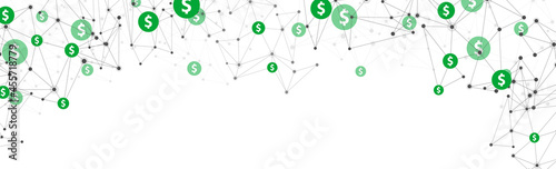 Green dollar coins with connecting dots and lines.