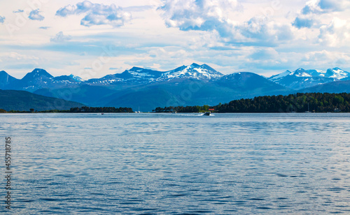 Magnificent water landscape with majestic mountains in the background in the Scandinavian town of Molde, Norway