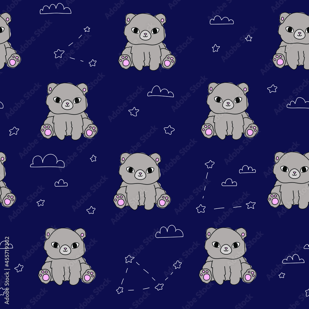 Cute bear blue pattern with doodle stars clouds. Hand drawn seamless paper with forest animals.