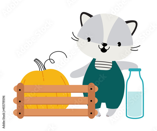 Cute Kitten as Farm Animal on Ranch with Milk Bottle and Pumpkin Vector Illustration