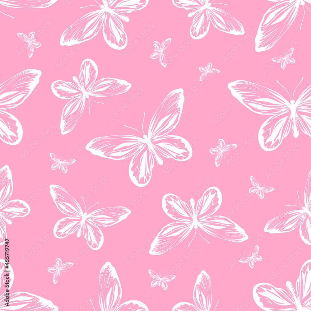 Seamless pattern with rainbow butterflies on a white background. Pattern for fabrics, wrapping paper.