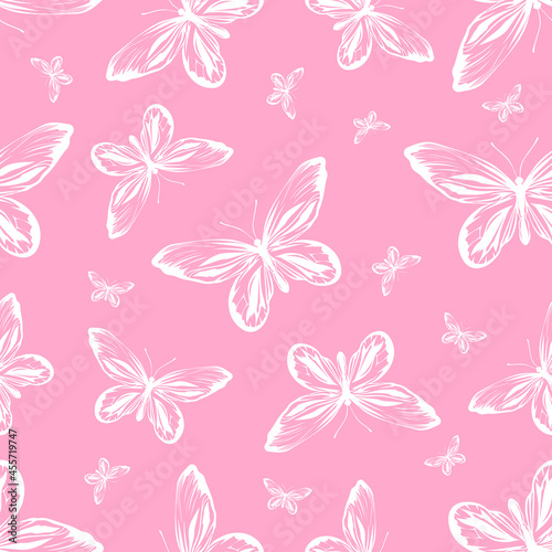 Seamless pattern with rainbow butterflies on a white background. Pattern for fabrics, wrapping paper.