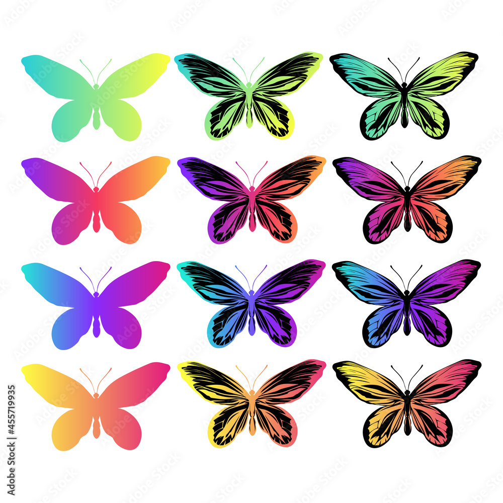 Set with rainbow butterflies on a white background.