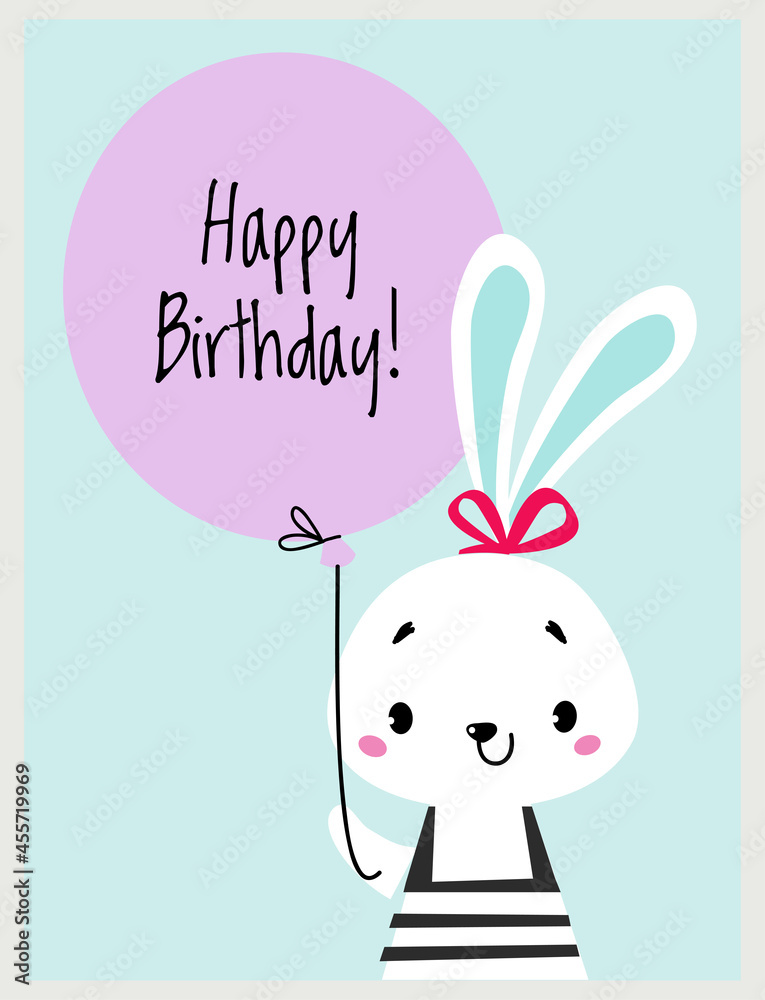 Happy Birthday Card with Farm Bunny Animal with Balloon as Holiday Greeting and Congratulation Vector Illustration Happy Birthday Card with Farm Bunny Animal with Balloon as Holiday Greeting and Congratulation Vector Illustration
