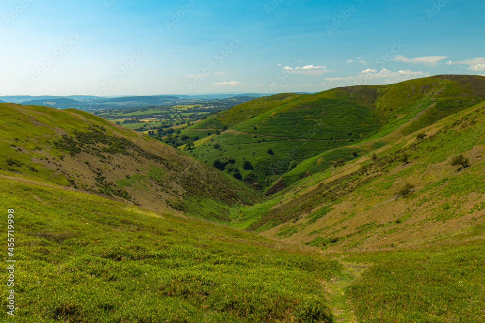 Hiking in Shropshire Hills in England , sunny weather and hot.