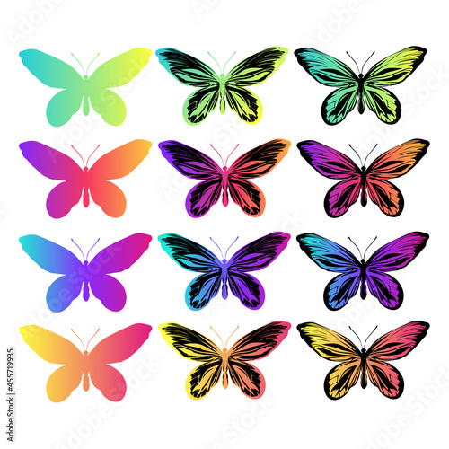 Set with rainbow butterflies on a white background.