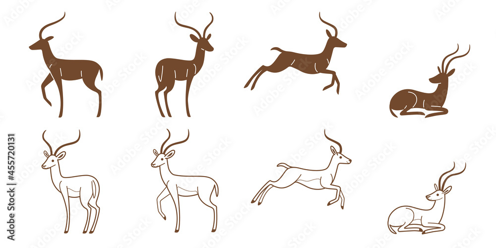 Antelope icon set. Different type of animal. Vector illustration for emblem, badge, insignia.