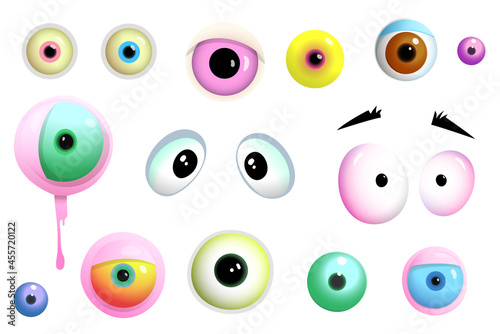 Cartoon cute eyes of monsters and creatures, different shapes and colors. Collection of isolated different monsters eyes stickers. Vector cartoon for kids.