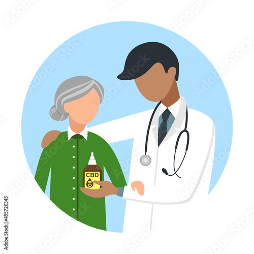 The doctor offers an elderly patient an alternative CBD oil treatment. Alternative health care illustration.