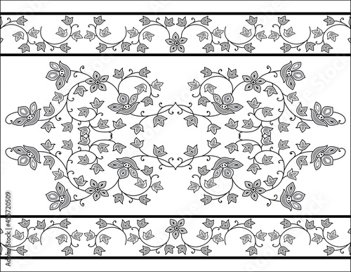 Woodblock Printed Seamless Ethnic Floral Geometric Border. Traditional Oriental Ornament Of India Kashmir, Flowers Wave Motif, Black On White Background. Textile Design. Royalty Free Cliparts
