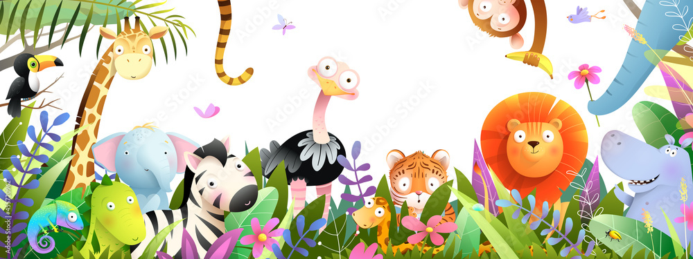 Fototapeta premium Jungle animals frame design for kids, African baby zoo banner in tropical forest. Many adorable safari or zoo animals in nature. Horizontal panorama for kids and children, vector art illustration.