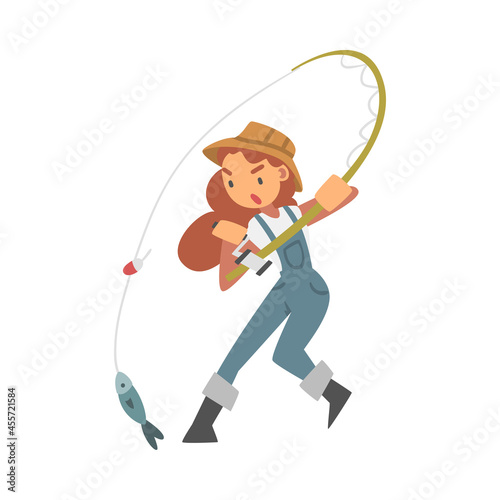 Young Woman Character in Fisherman Boots with Angling Rod Fishing Vector Illustration