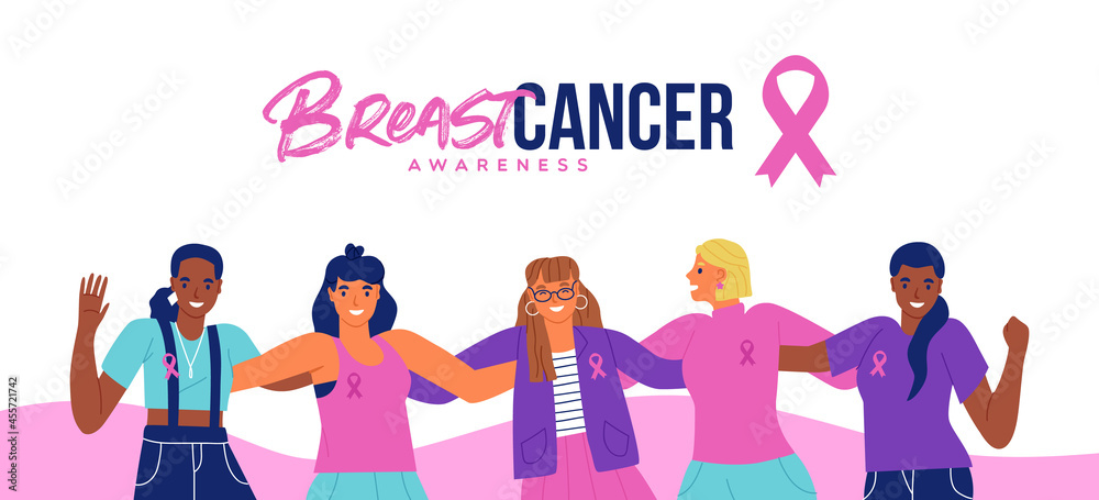 Breast Cancer awareness woman friend group hug - obrazy, fototapety, plakaty 