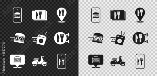 Set Online ordering and delivery, Cafe restaurant location, burger, Scooter, and noodles icon. Vector