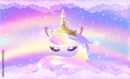 Face of a unicorn with closed eyes with stars.