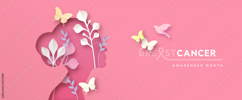 Breast Cancer awareness pink paper cut girl banner - obrazy, fototapety, plakaty 
