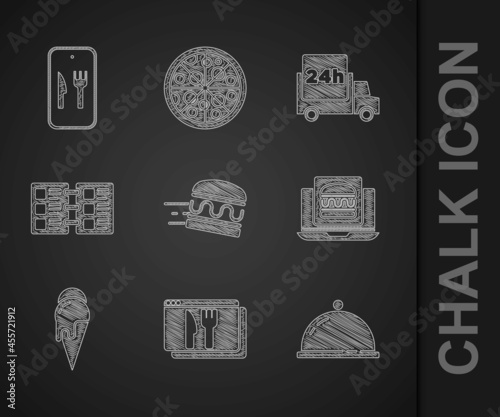 Set Online ordering burger delivery, and, Covered with tray of food, Ice cream, Restaurant cafe menu, Fast by car and icon. Vector
