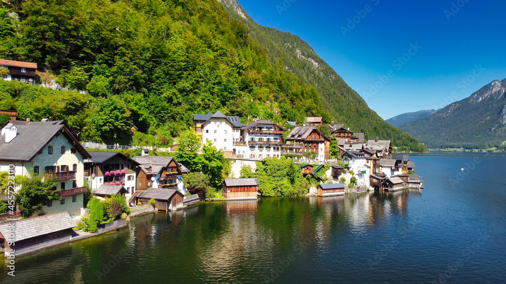 Aerial view of beautiful Hallstatt in summer season, Austria. Aerial view of beautiful Hallstatt in summer season, Austria.