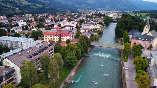 Aerial view of Lienz skyline from a drone at night, Austria.