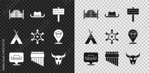 Set Saloon door, Western cowboy hat, Road traffic signpost, Location, Pan flute, Buffalo skull, Indian teepee wigwam and Hexagram sheriff icon. Vector