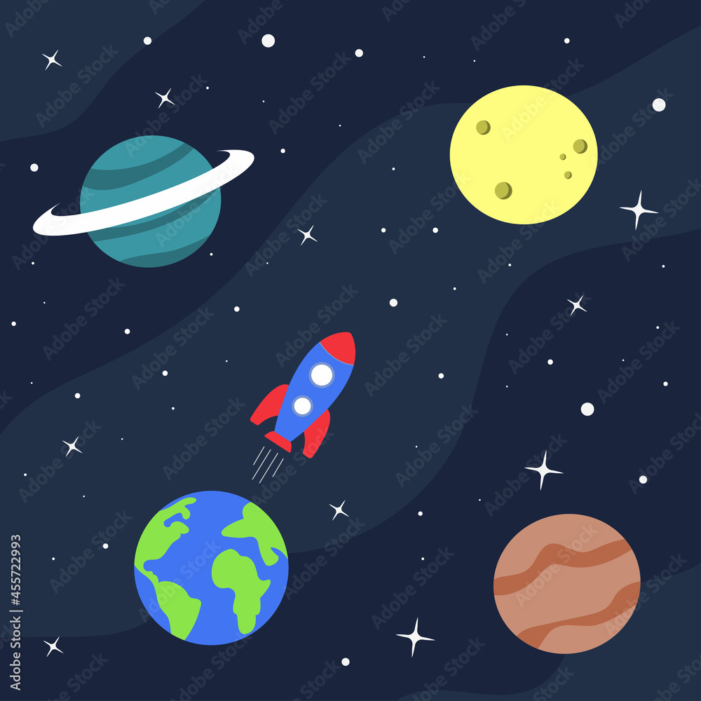 Naklejka premium The rocket flies over the Earth to the Moon. Space background with stars and planet. Vector illustration