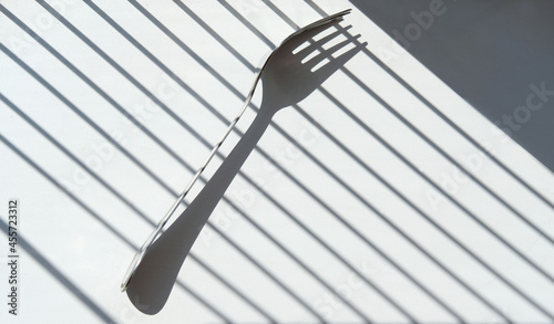 Metal fork with an interesting dark shadow. Geometric composition