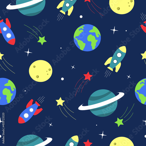 Seamless pattern with rocket, planet and stars on space. Colourful vector illustration. 