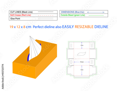 Luxury paper tissue box 19x12x8 cm and facial tissue box dieline template and packaging 3D vector design