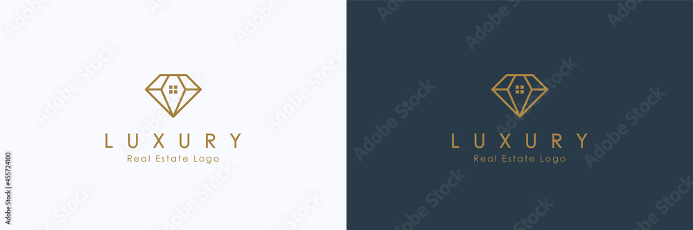 Real Estate Logo Line. Gold Geometric Crystal Diamond with Window inside isolated on Double Background. Flat Vector Logo Design Template Element for Business and Building Logos.