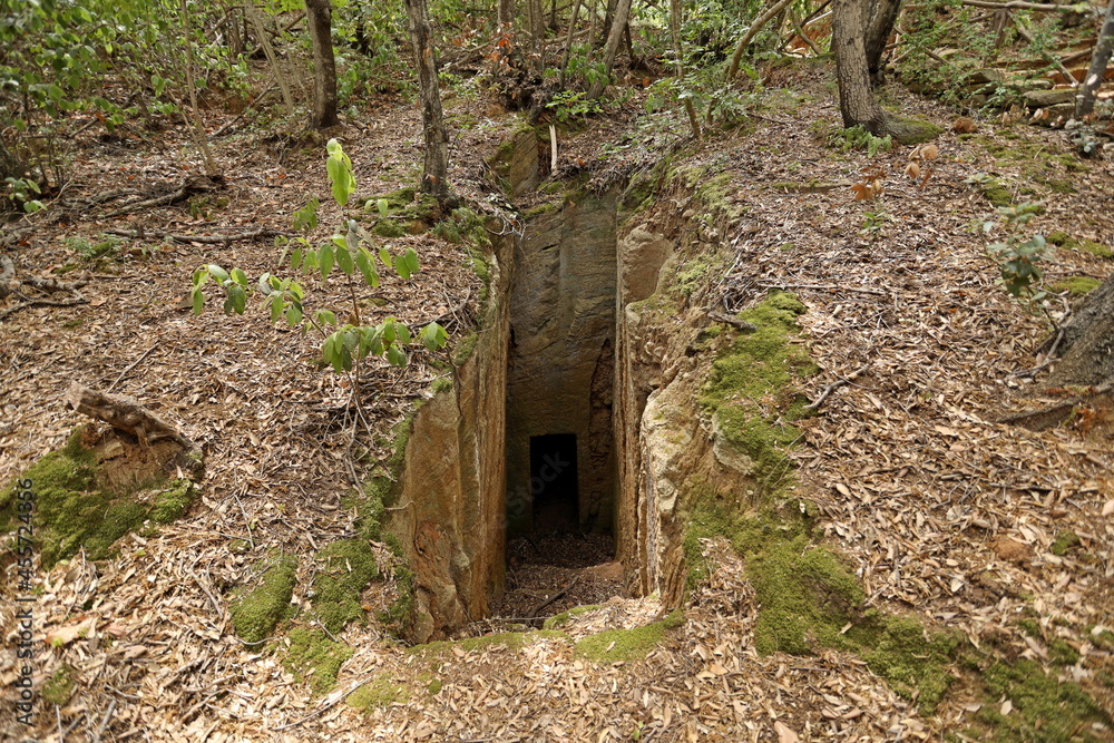 Etruscan tomb chamber in the Archaeological Park of Baratti and Populonia, Tuscany, Italy.