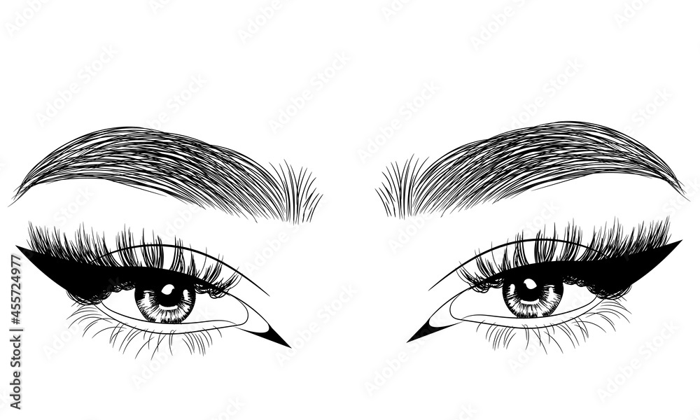 Fototapeta premium Hand drawn female sexy luxurious eye with perfectly shaped eyebrows and full eyelashes. Idea for a business card, vector typography. Perfect eyes look