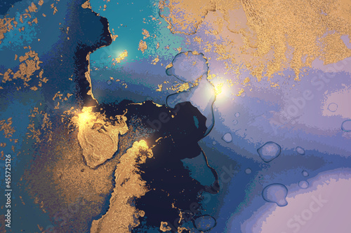 Vinatge shining abstract dark blue, purple and gold marble pattern with sparkles. Vector background in alcohol ink technique with glitter. Template for banner, poster design. Fluid art painting