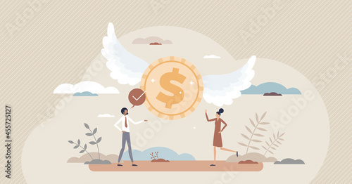 Angel investor with entrepreneurship funding money coin tiny person concept. Initiative investment, idea financing and financial support for new businesswoman or start up company vector illustration.