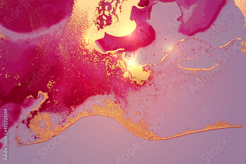 Vinatge shining abstract magenta, pink and gold marble pattern with sparkles. Vector background in alcohol ink technique with glitter. Template for banner, poster design. Fluid art painting