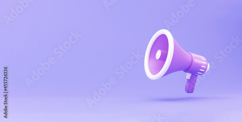 realistic 3d megaphone, loudspeaker minimal concept. Megaphone on purple background. 3d render illustration