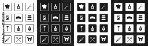 Set Barbecue fork, Grilled pork bbq ribs, coal bag, Chef hat, Sausage, Tabasco sauce, Salt and Kitchen hammer icon. Vector