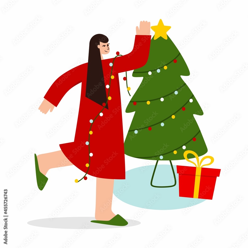 A girl dresses up a Christmas tree. The concept of Christmas and New year. Vector illustration. A girl dresses up a Christmas tree. The concept of Christmas and New year. Vector illustration.