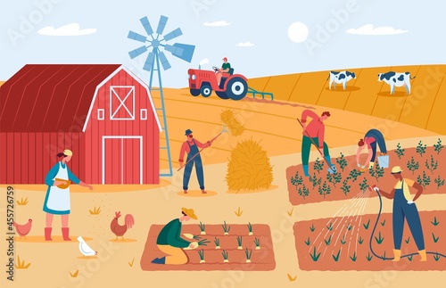 Farmers working at farm, harvesting crops, feeding animals. Countryside farmland with barn, windmill, garden and field vector illustration. Autumn landscape with tractor and people