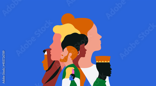 Diverse ethnic people face team together cartoon
