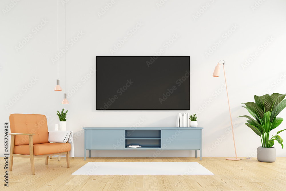 Minimalist living room with Tv cabinet on the white wall and orange armchair. 3d rendering Minimalist living room with Tv cabinet on the white wall and orange armchair. 3d rendering
