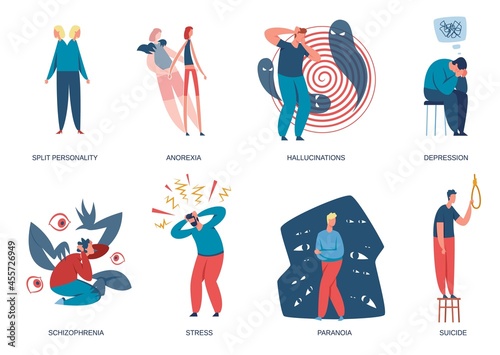 People living with mental disorders or illnesses and psychological problems. Men and women with depression, schizophrenia, anorexia vector set. Characters having hallucination, paranoia